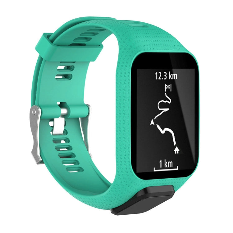 Teal green silicone sport watch band with perforated strap and clasp