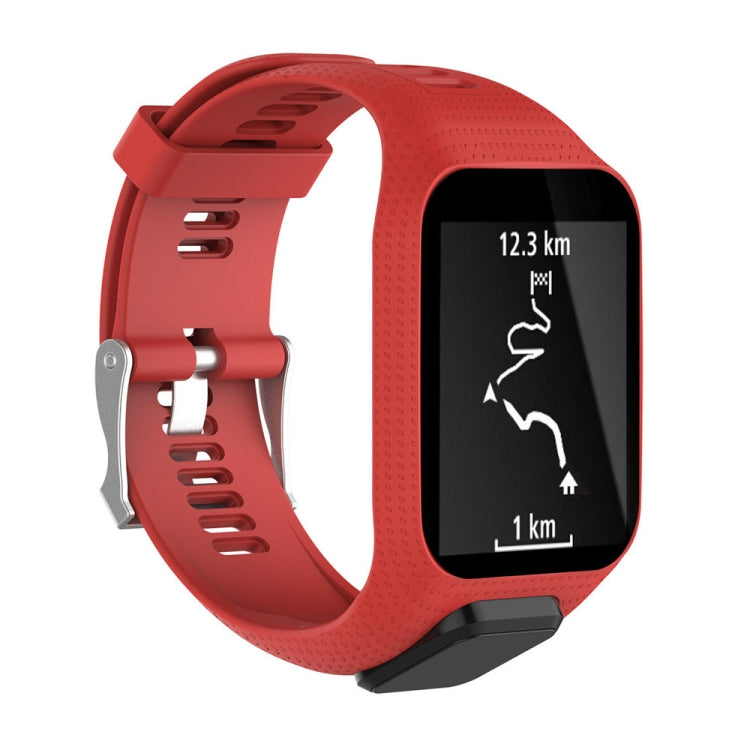 Red silicone sport watch band with perforated strap and clasp