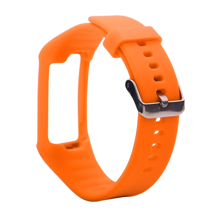 Orange silicone sport watch band with metal clasp and adjustment holes for sizing