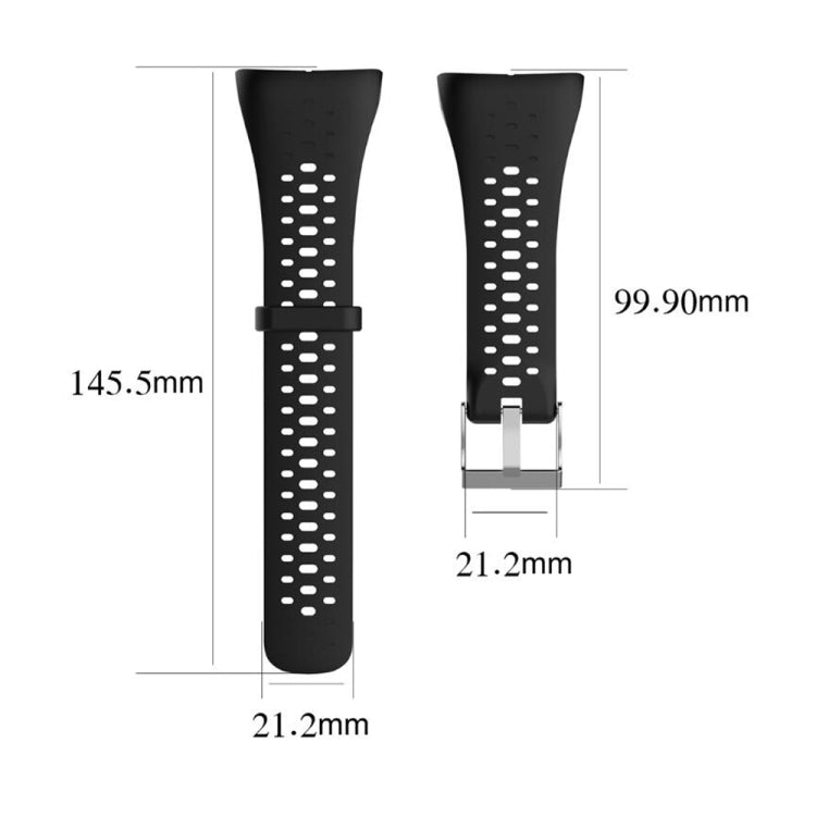 Black silicone sport watch band with perforated holes and silver metal buckle