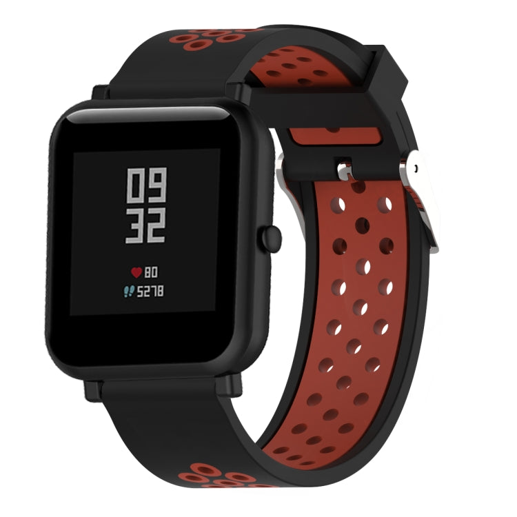 Silicone sport watch band with black base and red perforated strap for 20mm watches