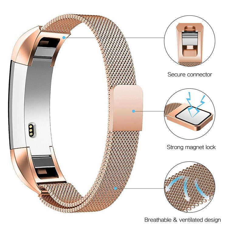 Rose-gold mesh magnet watch band with secure connector and strong magnetic lock