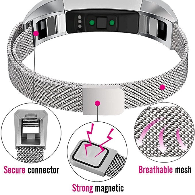 Stainless steel mesh watch band with black connector module and adjustable magnetic ends