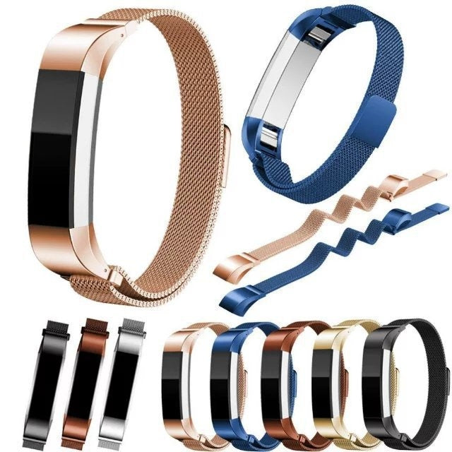 Stainless steel mesh magnet watch bands in multiple colors, including rose gold and blue