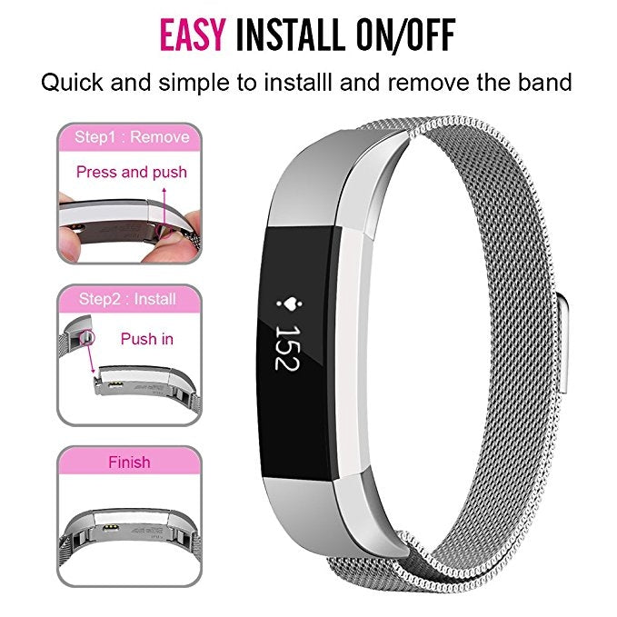 Silver stainless steel mesh magnet watch band with black screen-facing connector
