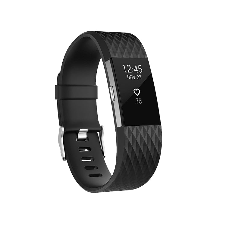 Black diamond-pattern sport watch band with perforations and metal buckle clasp, small size.