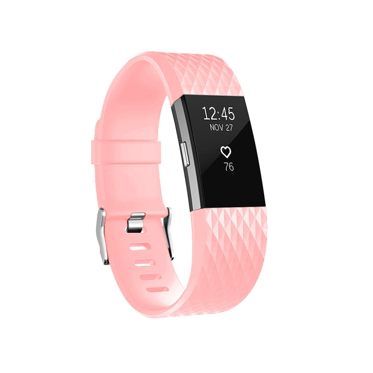 Adjustable sport watch band with diamond pattern, silicone, light pink with pin buckle.