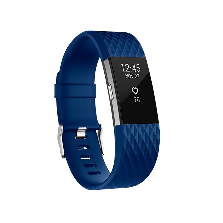 Blue diamond-pattern sport watch band with perforations and metal buckle clasp, small size.