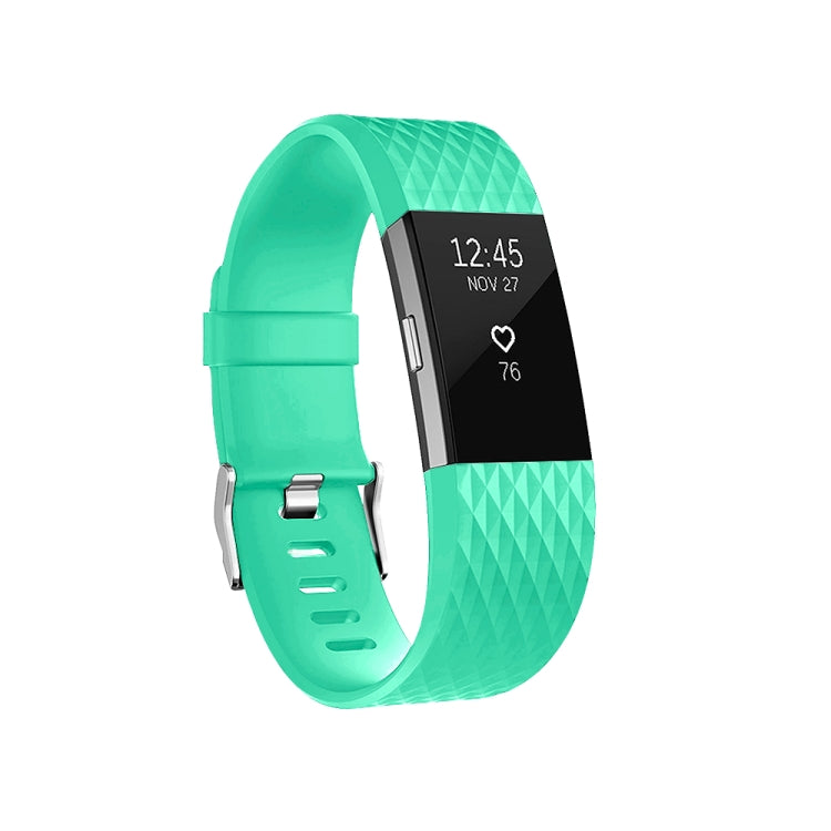 Mint green diamond-pattern sport watch band with perforations and metal buckle clasp, small size.