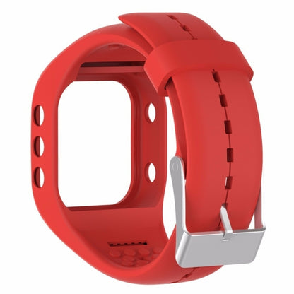 Red silicone smartwatch band with metal buckle and pin holes