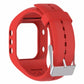 Red silicone smartwatch band with metal buckle clasp and large cutout