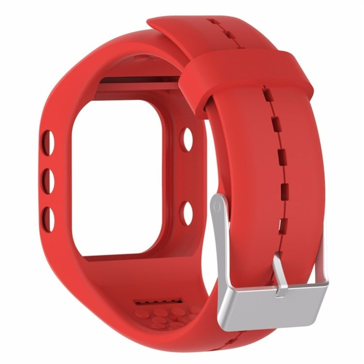 Red silicone smartwatch band with metal buckle clasp and large cutout