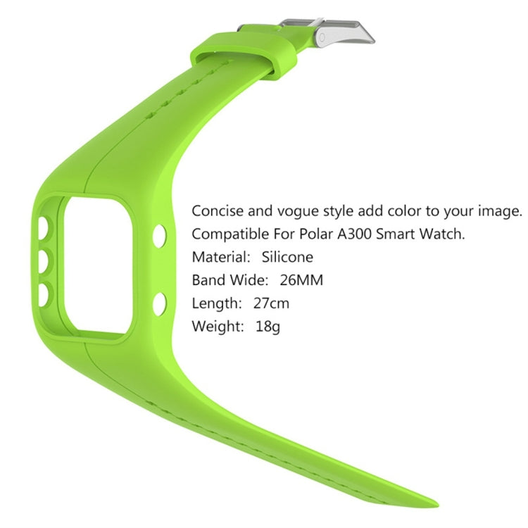Light green silicone smartwatch band with metal clasp and strap tail