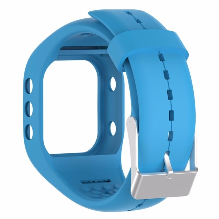 Sky blue silicone smartwatch band with metal buckle clasp and pin holes