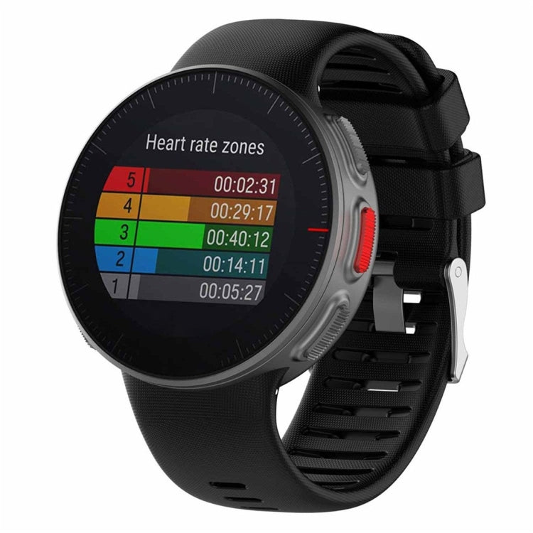 Black silicone smartwatch band with vented strap and buckle, worn with a dark watch face.