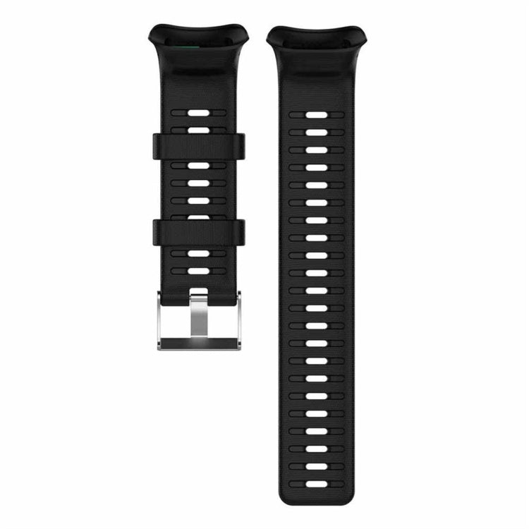 Black smartwatch band with two strap lengths and metal clasp buckle, straight-on view.