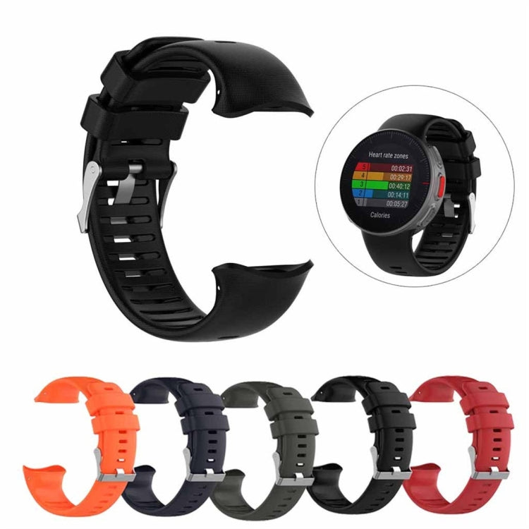 Black smartwatch band with circular size/fit inset, plus red, orange, and gray band options.