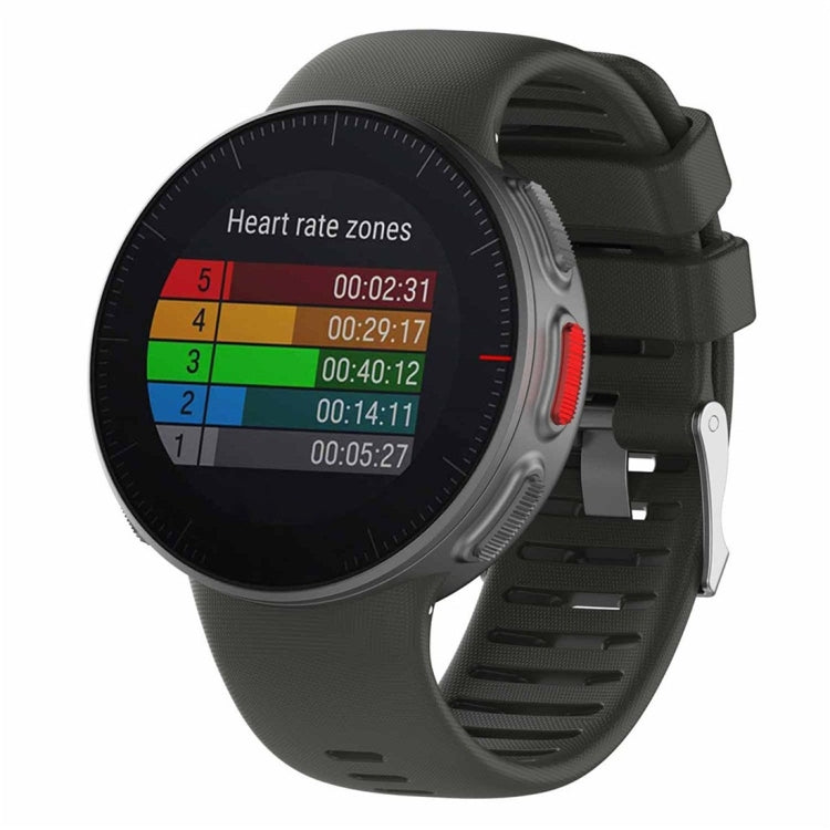 Gray silicone smartwatch band with vented strap and buckle, shown with a dark watch display.