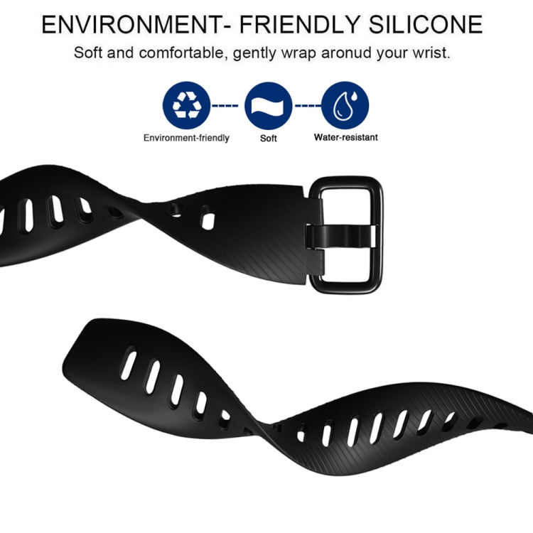 Black silicone smartwatch band with adjustable buckle and perforated strap holes