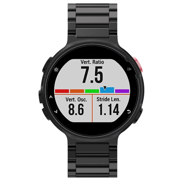 Black smart watch band with metal links, shown with a digital fitness face
