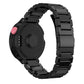 Dark steel smart watch band with three-link bezel design and pink button detail