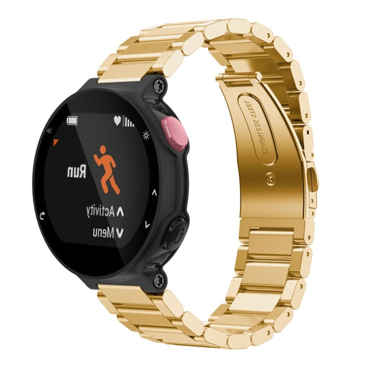 Gold-tone steel smart watch band with three-link metal strap and black watch face