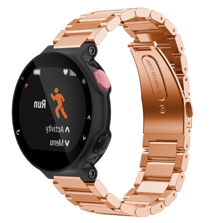 Rose gold-tone steel smart watch band with three-link metal strap and black watch face