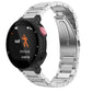 Silver-tone steel smart watch band with three-link metal strap and black watch face