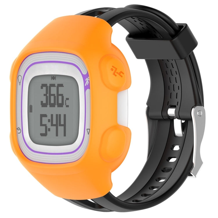 Orange silicone protective case for smartwatch with purple-edged display window