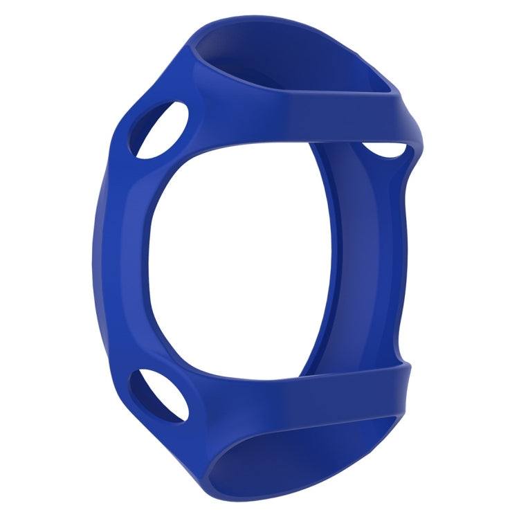 Blue silicone protective case with side cutouts and open center for watch screen