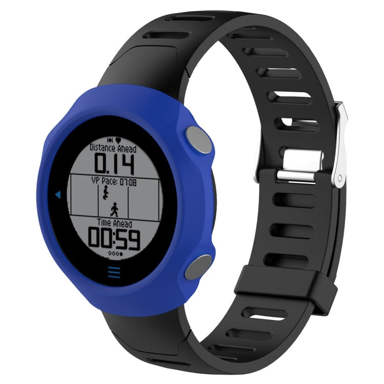 Blue silicone protective smartwatch case with screen window and molded side grips