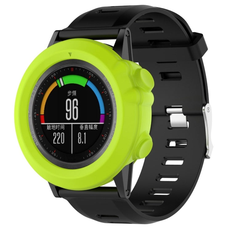 Silicone protective case for smart watch, bright green with black strap and display window.