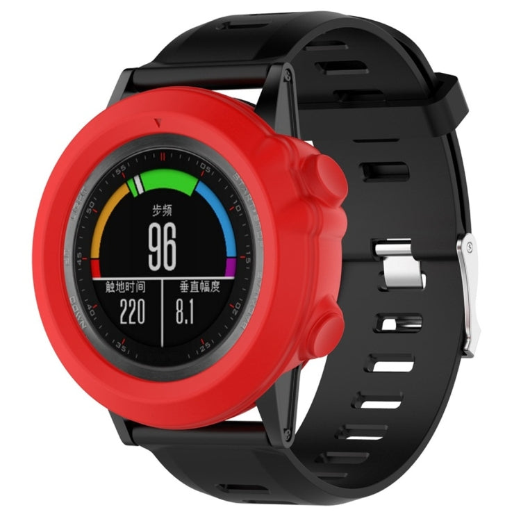Silicone protective case for smart watch, red case with black strap and round display cover.