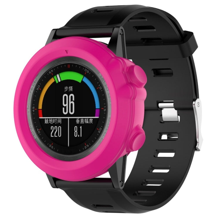 Silicone protective case for smart watch, rose red case with black strap and display window.