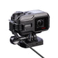 Black action camera with charging/data cable connected to the side port