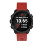 Silicone watch band for Garmin Forerunner 245 in red, shown with round smartwatch face