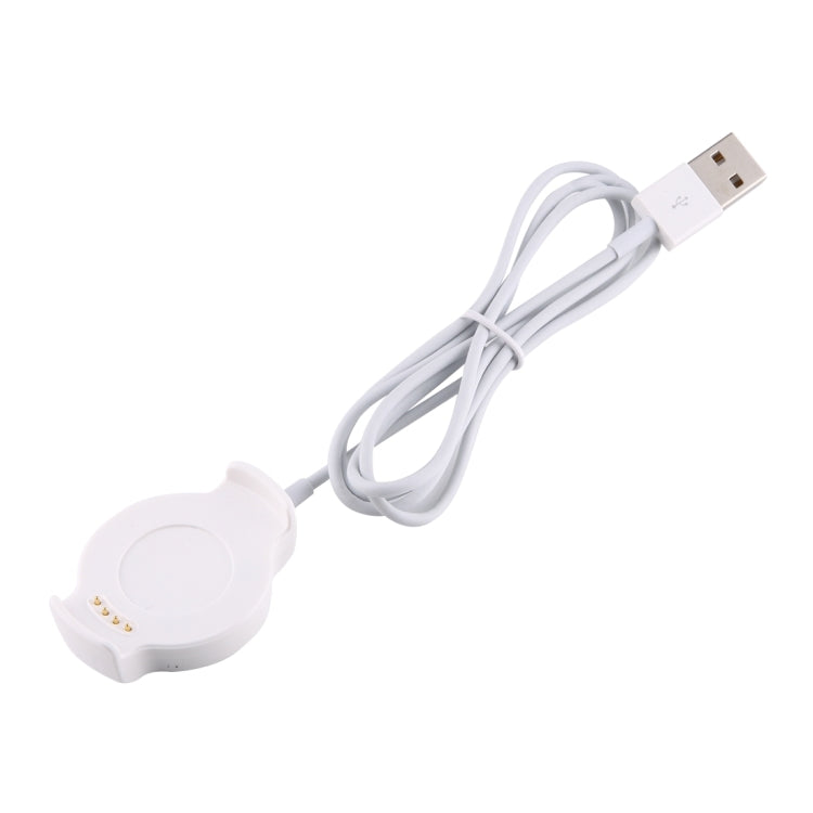 White watch charging cradle with USB-A cable and bundled connector leads