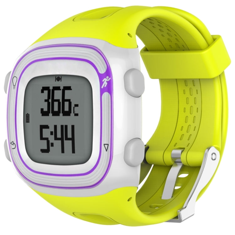 Silicone sport watch band, lime green with purple trim, for Garmin Forerunner 10/15