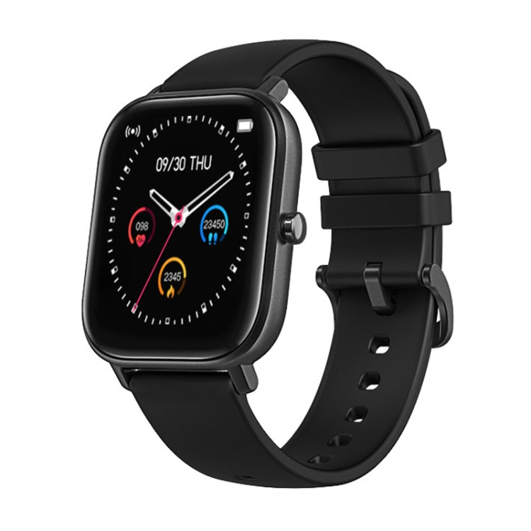 Black square smartwatch with silicone band, heart and health stats on display