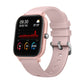 Pink square smartwatch with silicone band, time and health graphs on screen