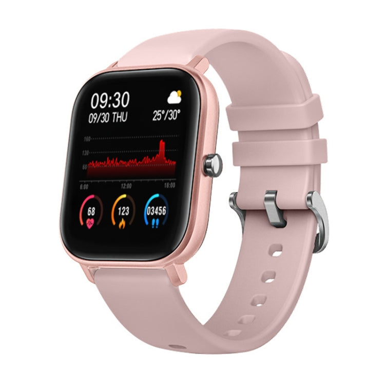 Pink square smartwatch with silicone band, time and health graphs on screen