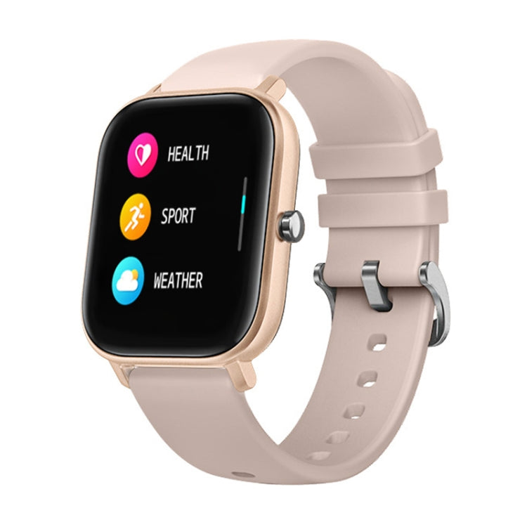 Rose-gold square smartwatch with light pink silicone band, app icons on display