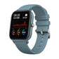 Blue square smartwatch with silicone band, activity charts and time on screen