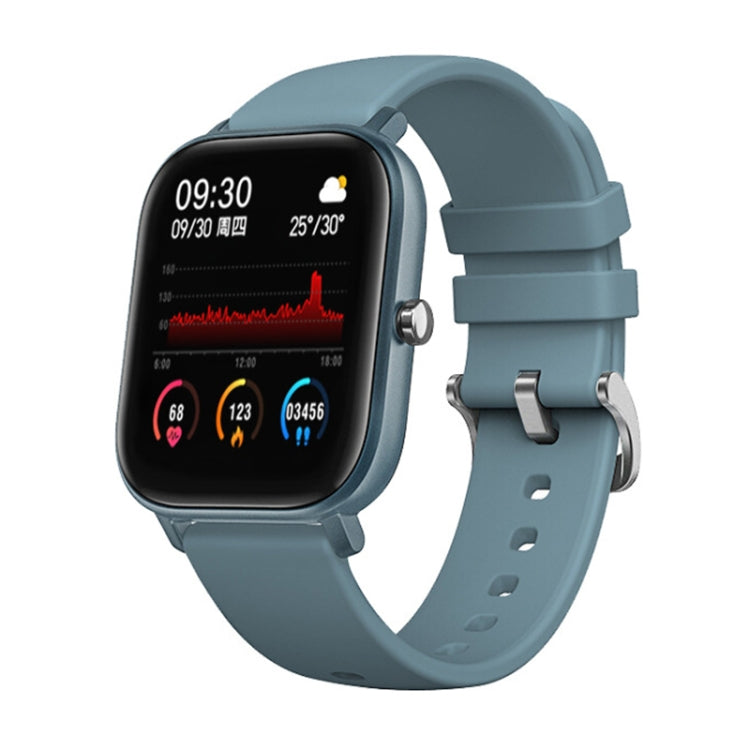 Blue square smartwatch with silicone band, activity charts and time on screen
