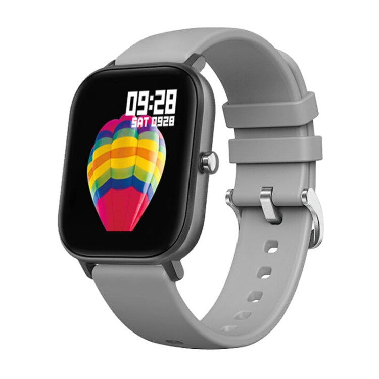 Gray square smartwatch with light gray silicone band, colorful dial and time