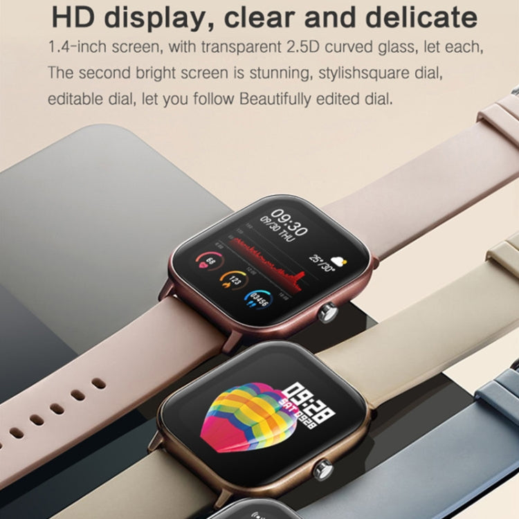 Square smartwatch with tan silicone strap and colorful health dial on display