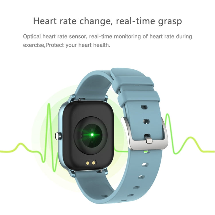 Light blue square smartwatch with silicone strap, heart-rate screen and sensor view