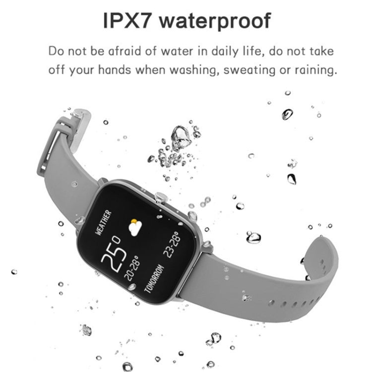 Gray square waterproof smartwatch with silicone band shown with water splash