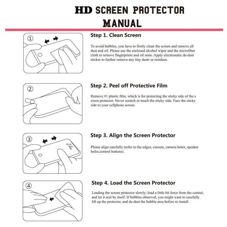 HD screen protector manual instruction sheet with step-by-step guidance