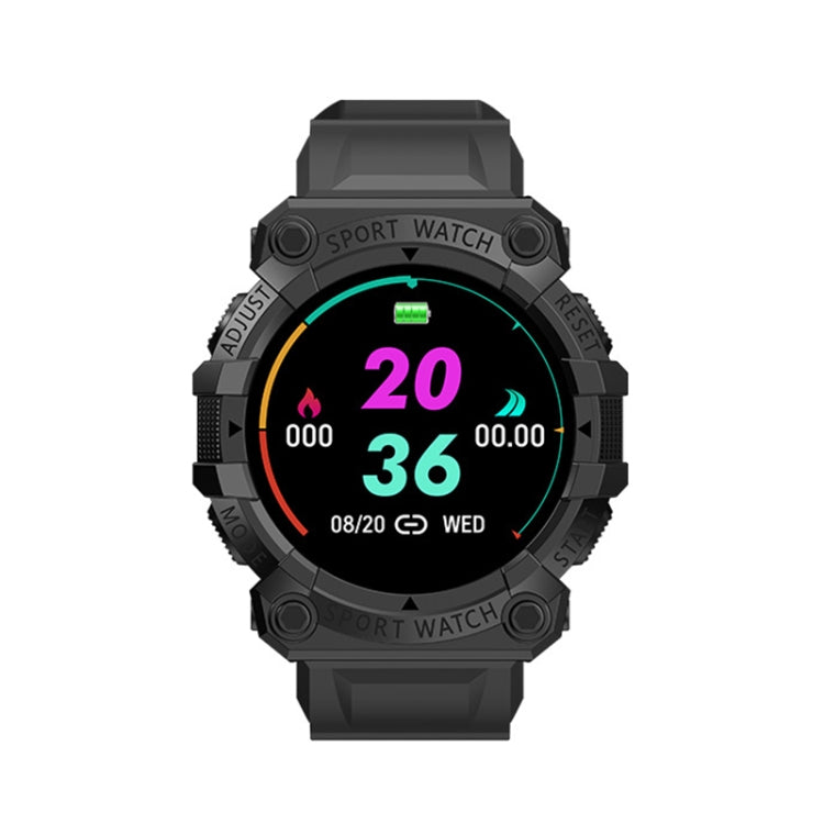 Black sport smartwatch with round color screen showing time and activity numbers